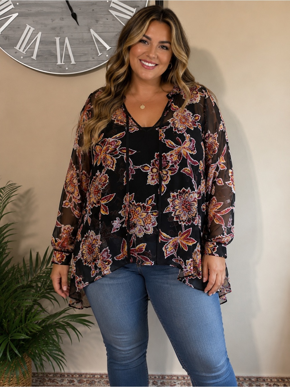 015 NWT Liz Claiborne Black Sheer Floral Tie-Neck Blouse